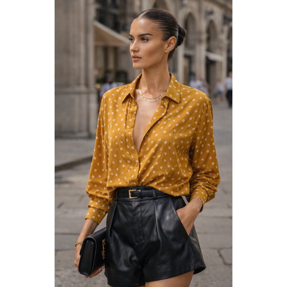 Saint Laurent Made in Italy Viscose Blouse Mustard Floral Button Down Tiny Hole